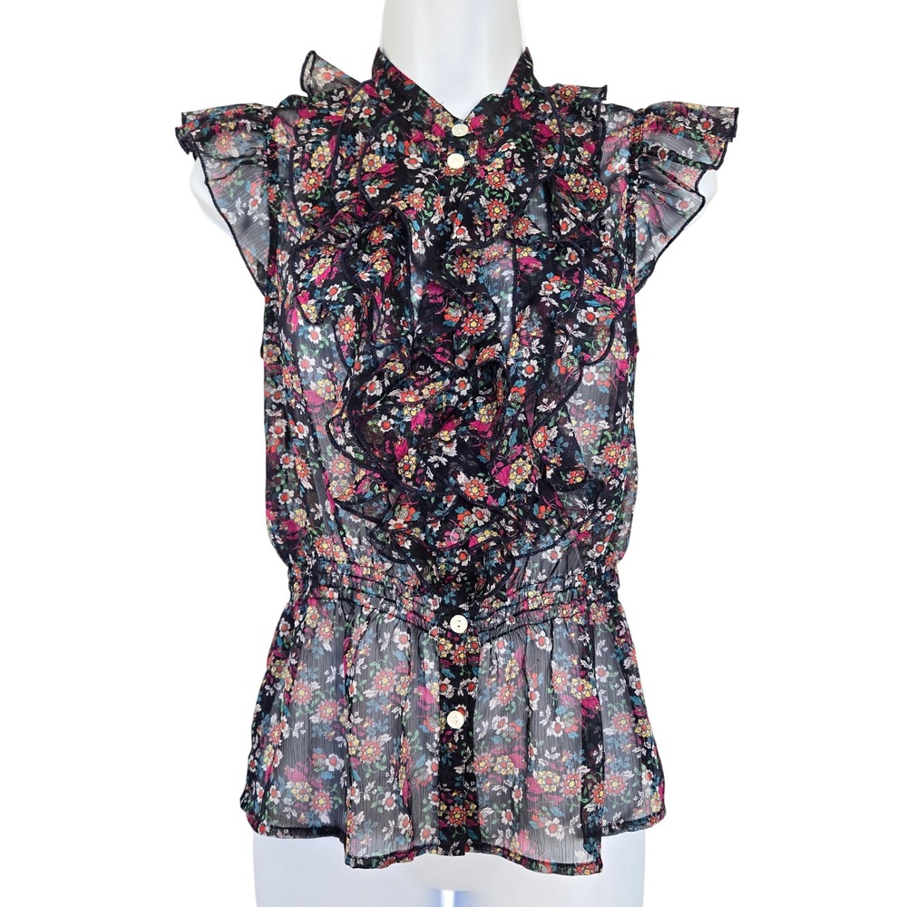 Timing Black‎ Floral Sheer Ruffle Blouse Size S Romantic Boho Goth Cottagecore